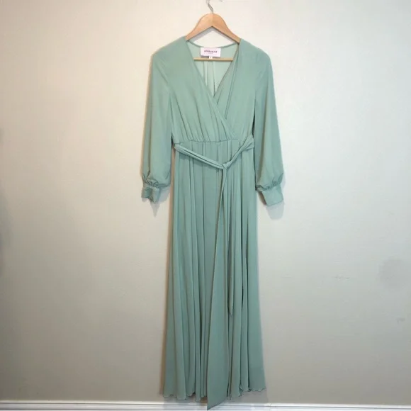 Jessakae Maxi Long Sleeve Chiffon Surplice Neck Gown in Seafoam Green Size Small - Picture 2 of 8